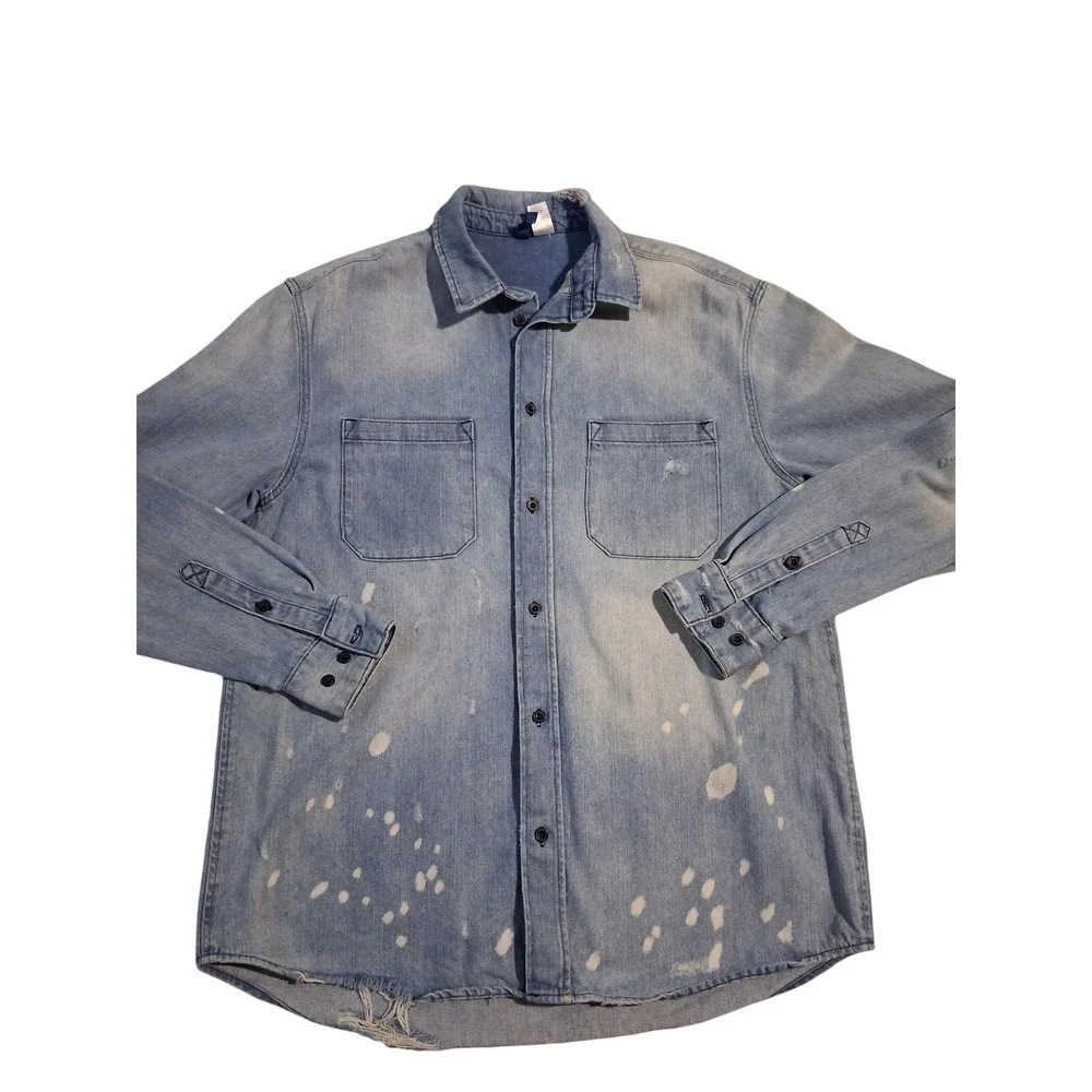 H&M Divided Thrashed Distressed Mens size Medium Grunge‎ Prep Denim Button Shirt